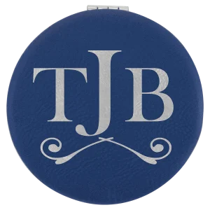 2 1/2" Blue/Silver Engraved Faux Leather Compact Mirror