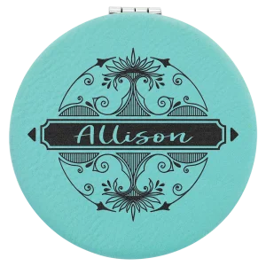 2 1/2" Teal Engraved Faux Leather Compact Mirror
