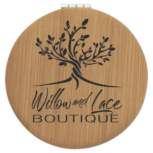 2 1/2" Bamboo Engraved Faux Leather Compact Mirror