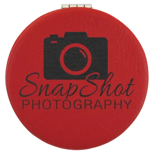 2 1/2" Red Engraved Faux Leather Compact Mirror