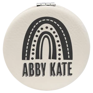 2 1/2" White Engraved Faux Leather Compact Mirror