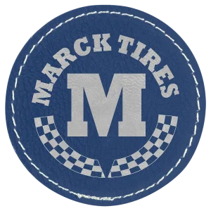 2 1/2" Blue/Silver Engraved Faux Leather Round Patch with Kota Pro Adhesive