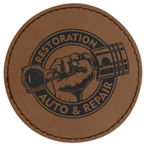 3" Dark Brown Engraved Faux Leather Round Patch with Kota Pro Adhesive