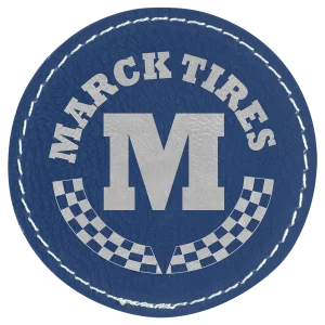 2 1/2" Round Blue/Silver Engraved Faux Leather Patch with Adhesive