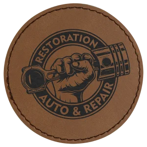 3" Round Dark Brown Engraved Faux Leather Patch with Adhesive