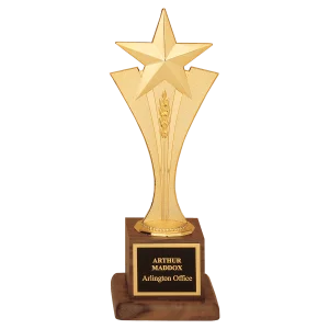 3 1/2" x 10" Modern Goldtone Star Casting on a Walnut Finish Base with Custom Engraved Black Brass Plate