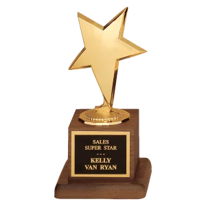 3 1/2" x 6 3/4" Modern Star Casting in Goldtone Finish on Walnut Finish Base with Black Custom Engraved Plate