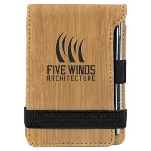 3 1/4" x 4 3/4" Bamboo Engraved Faux Leather Mini Notepad with Pen