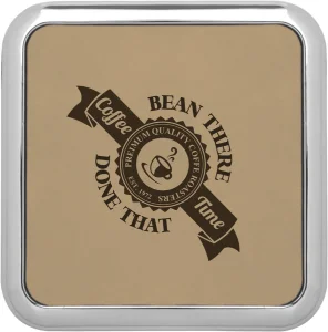 3 5/8" x 3 5/8" Square Light Brown Engraved Faux Leather Coaster w/Silver Edge