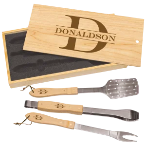 3-Piece BBQ Set in Wooden Pine Box