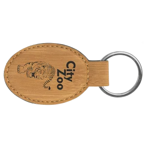 3" x 1 3/4" Bamboo Engraved Faux Leather Oval Keychain
