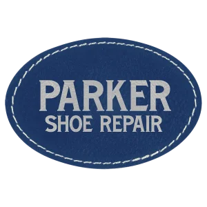 3" x 2" Blue/Silver Engraved Faux Leather Oval Patch with Kota Pro Adhesive