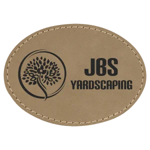 3 1/2" x 2 1/2" Light Brown Engraved Faux Leather Oval Patch with Kota Pro Adhesive