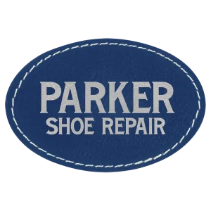 3" x 2" Oval Blue/Silver Engraved Faux Leather Patch with Adhesive