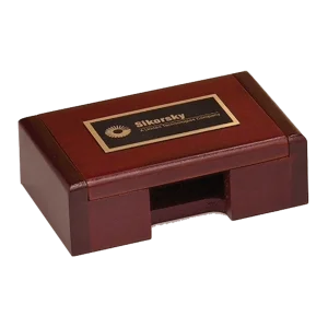 4 3/8" x 2 7/8" Rosewood Finish Business Card Box with Custom Engraved Black Brass Plate