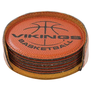 4" Basketball Round Engraved Faux Leather 6-Coaster Set