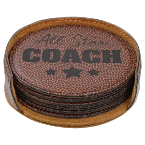 4" Football Round Engraved Faux Leather 6-Coaster Set