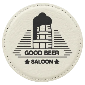 4" Round White Engraved Faux Leather Coaster