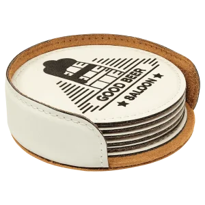 4" White Round Engraved Faux Leather 6-Coaster Set