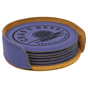 4" Purple Round Engraved Faux Leather 6-Coaster Set