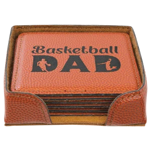 4" x 4" Basketball Square Engraved Faux Leather 6-Coaster Set