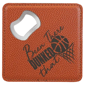 4" x 4" Square Basketball Engraved Faux Leather Bottle Opener Coaster