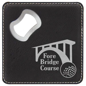 4" x 4" Square Black/Silver Engraved Faux Leather Coaster with Bottle Opener