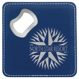 4" x 4" Square Blue/Silver Engraved Faux Leather Coaster with Bottle Opener