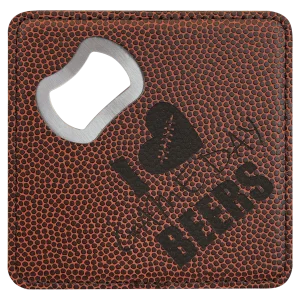 4" x 4" Square Football Engraved Faux Leather Bottle Opener Coaster