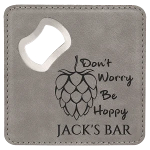 4" x 4" Square Gray Engraved Faux Leather Bottle Opener Coaster