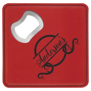 4" x 4" Square Red Engraved Faux Leather Bottle Opener Coaster