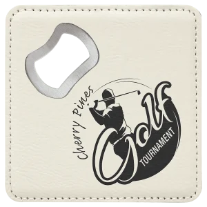 4" x 4" Square White Engraved Faux Leather Bottle Opener Coaster