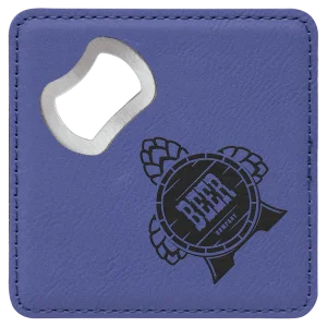 4" x 4" Square Purple Engraved Faux Leather Bottle Opener Coaster