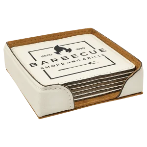 4" x 4" White Square Engraved Faux Leather 6-Coaster Set