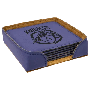 4" x 4" Purple Square Engraved Faux Leather 6-Coaster Set