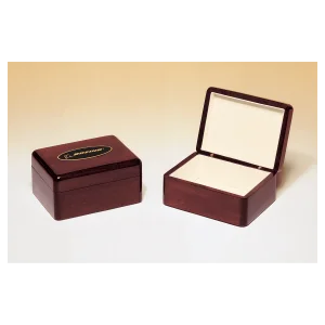 5 5/8" x 4 3/8" Rosewood Piano Finish Jewelry Box with Beige Felt Lining and Custom Engraved Black Brass Plate