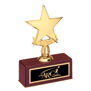 5" x 7 1/2" Polished Metal Goldtone Star Casting on Rosewood Piano Finish Base with Custom Engraved Black Brass Plate