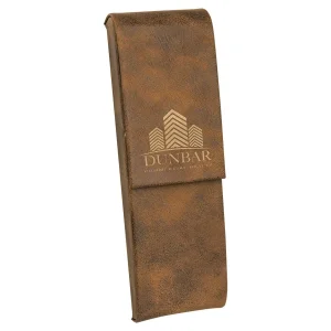 6 1/2" x 2" Rustic/Gold Engraved Faux Leather Double Pen Case