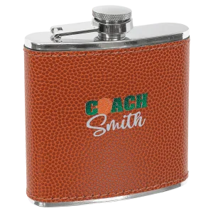 6 oz. Basketball Engraved Faux Leather Stainless Steel Flask