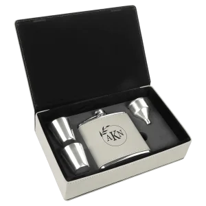 6 oz. White Engraved Faux Leather Flask Gift Set