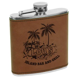 6 oz. Dark Brown Engraved Faux Leather Stainless Steel Flask