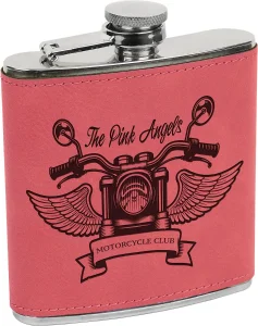 6 oz. Pink Engraved Faux Leather Stainless Steel Flask