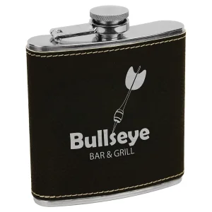 6 oz. Black/Silver Engraved Faux Leather Stainless Steel Flask