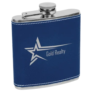 6 oz. Blue/Silver Engraved Faux Leather Stainless Steel Flask