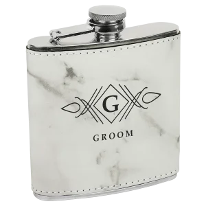 6 oz.White Marble Engraved Faux Leather Stainless Steel Flask