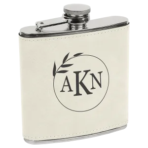 6 oz. White/Black Engraved Faux Leather Stainless Steel Flask