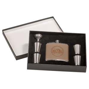 6 oz. Leather Flask Set in Black Presentation Box