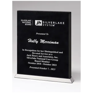 7 1/2" x 10" Black/Silver Laser Leather Desktop Plaque with Chrome Plated Base