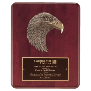 10 1/2" x 13" Rosewood Piano Finish Plaque with Finely Detailed Bronze Eagle Head Casting with Black Custom Engraved Brass Plate