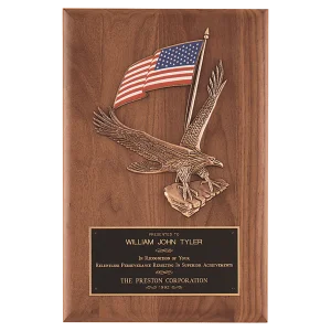 8" x 10 1/2" Solid American Walnut Plaque with Finely Detailed Eagle with American Flag Relief and Black Custom Engraved Brass Plate
